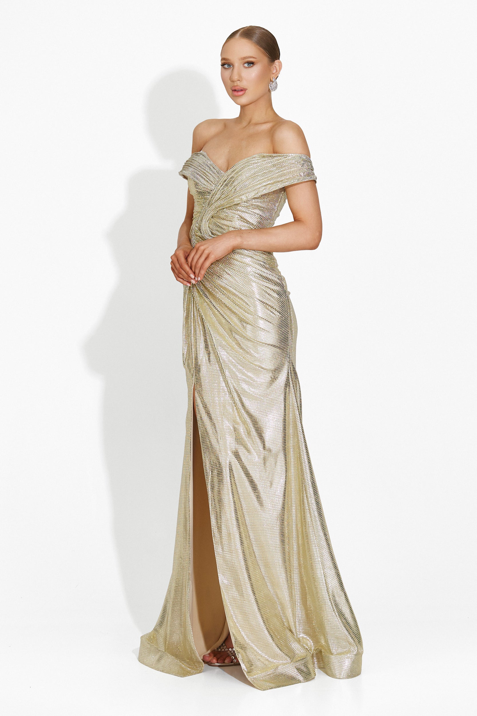 Stephane Bogas hosszú bézs-arany női ruha