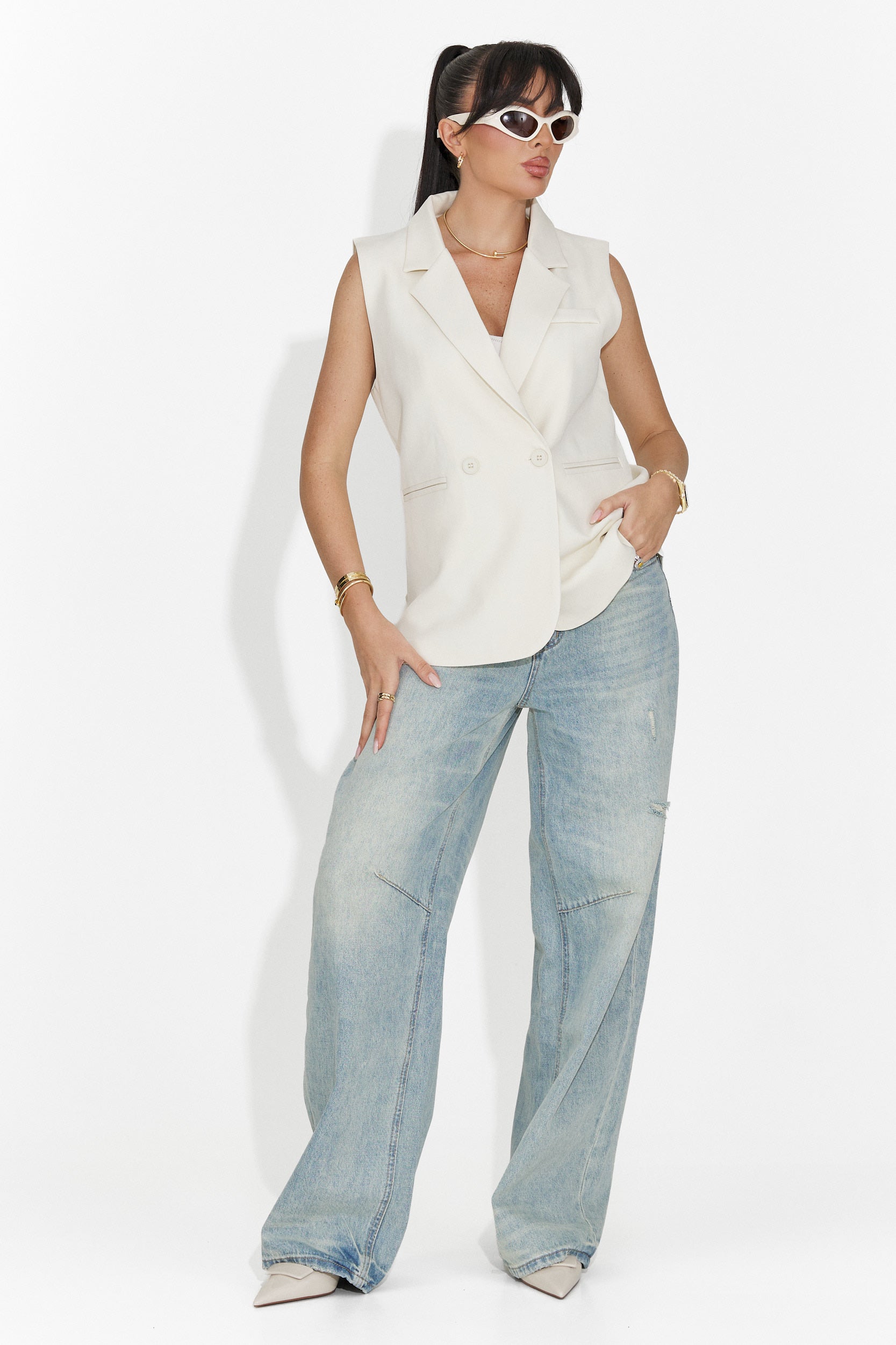 Elegáns Krém Meghan Bogas Hölgyek Mellény