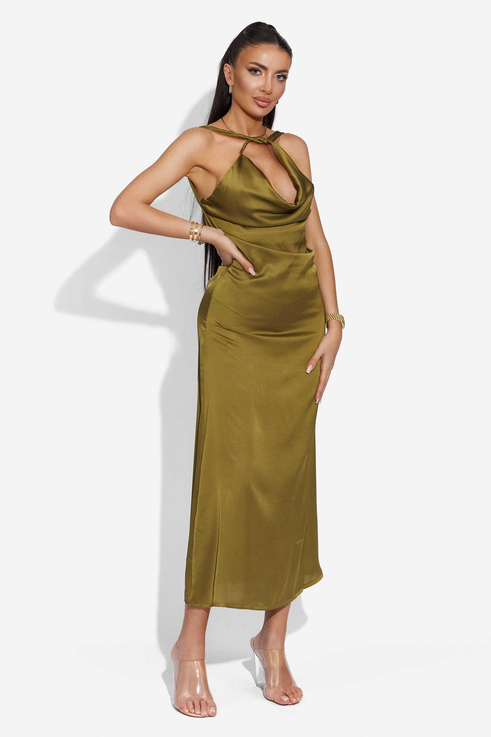 Elegáns hosszú khaki női ruha Zhuri Bogas