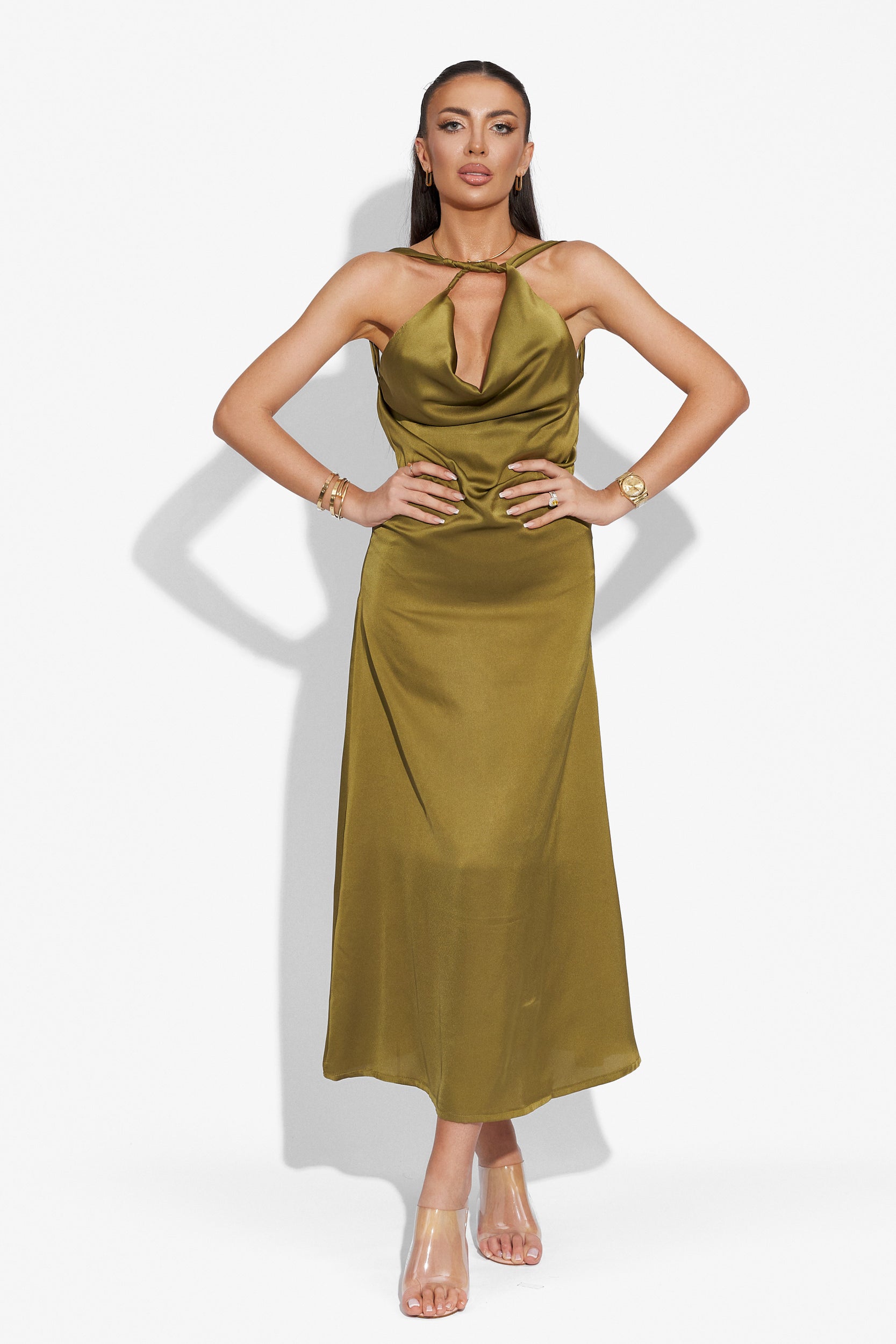 Elegáns hosszú khaki női ruha Zhuri Bogas