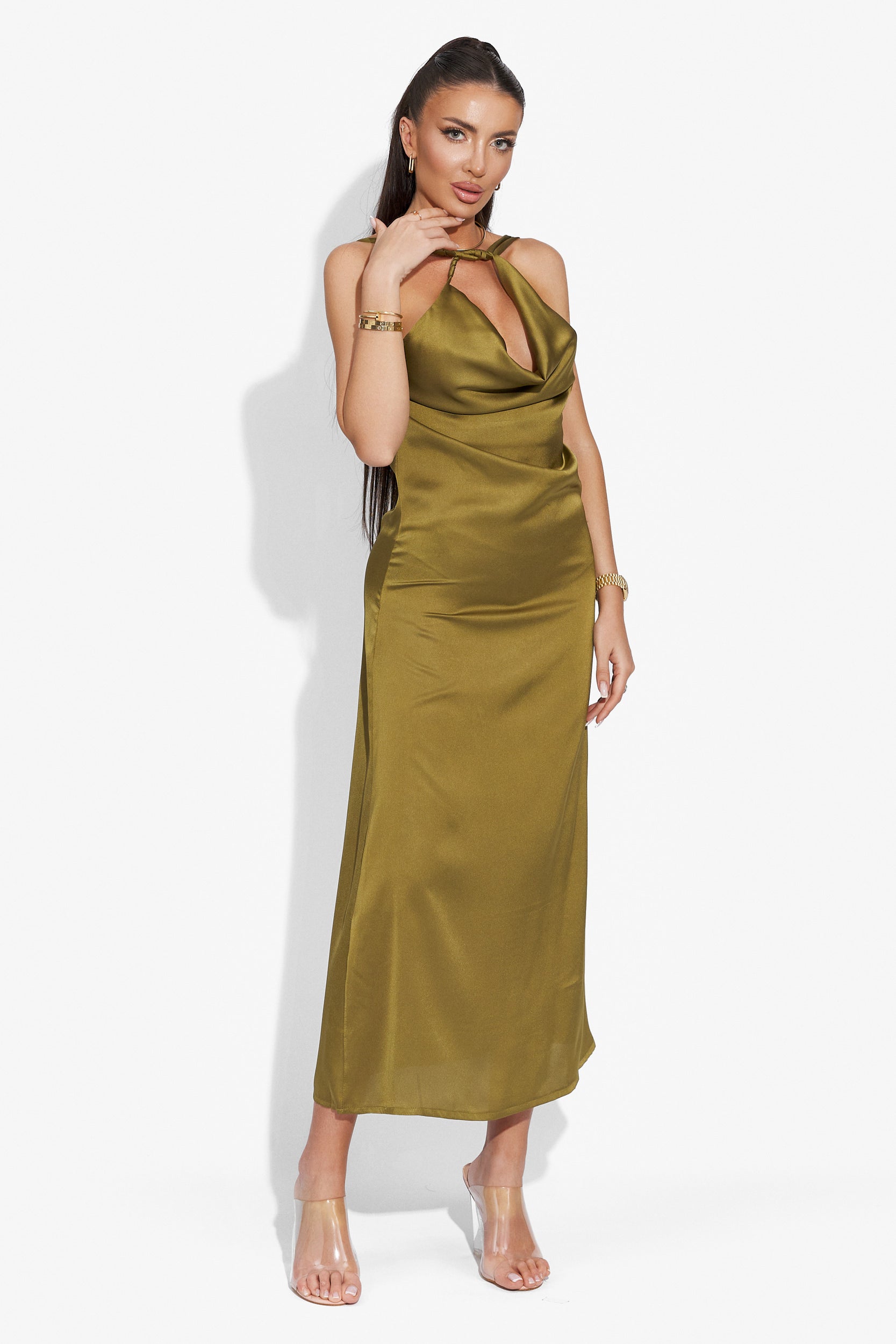 Elegáns hosszú khaki női ruha Zhuri Bogas
