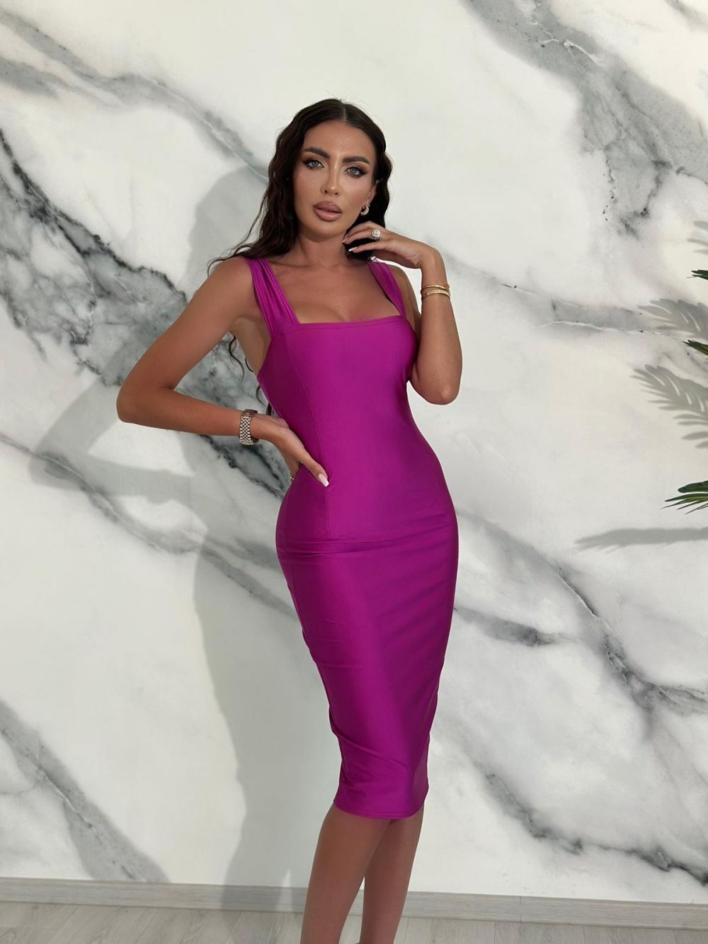 Női fukszia lycra midi ruha Silasy Bogas