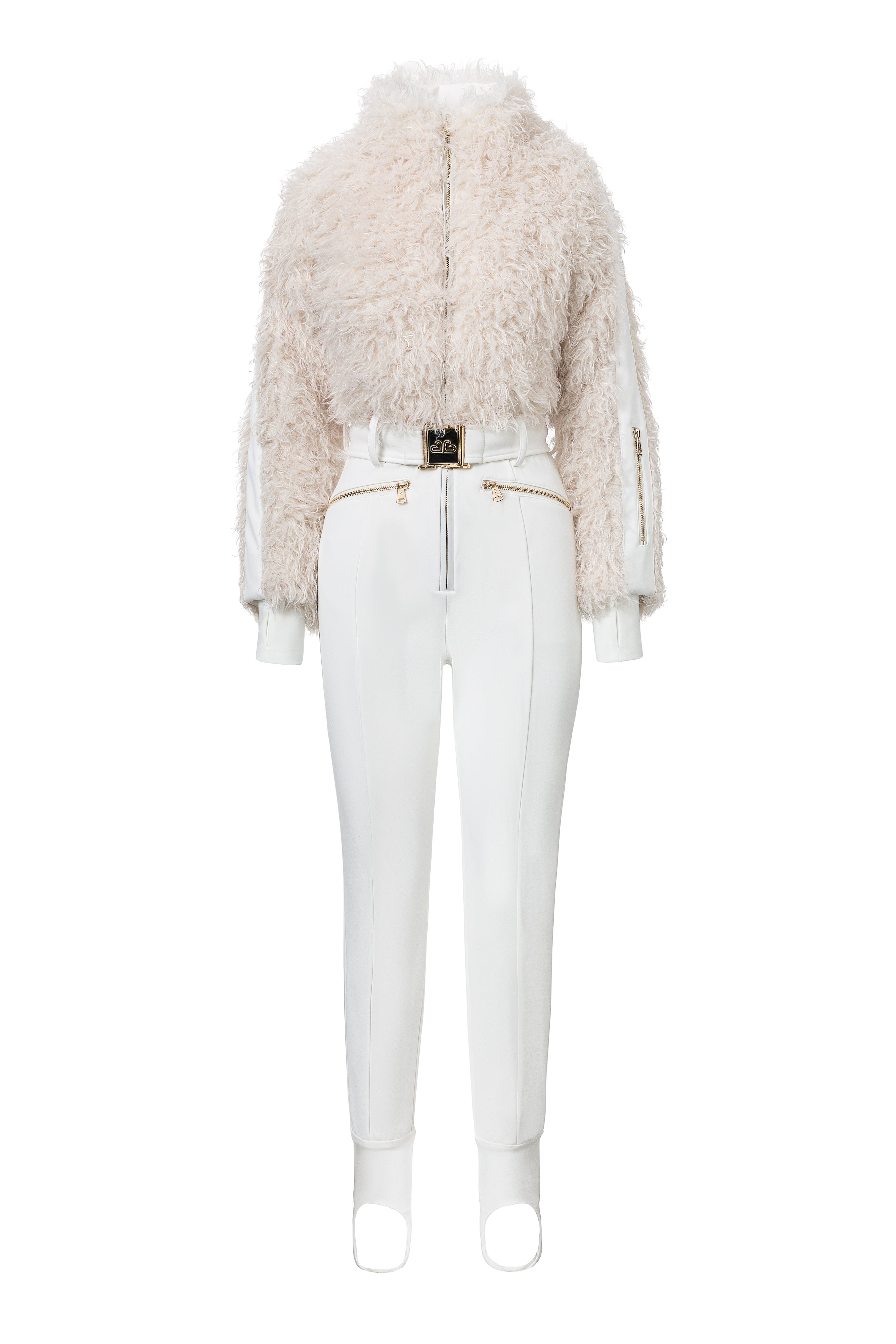 Alycia Bogas hófehér, hétköznapi síoverálja